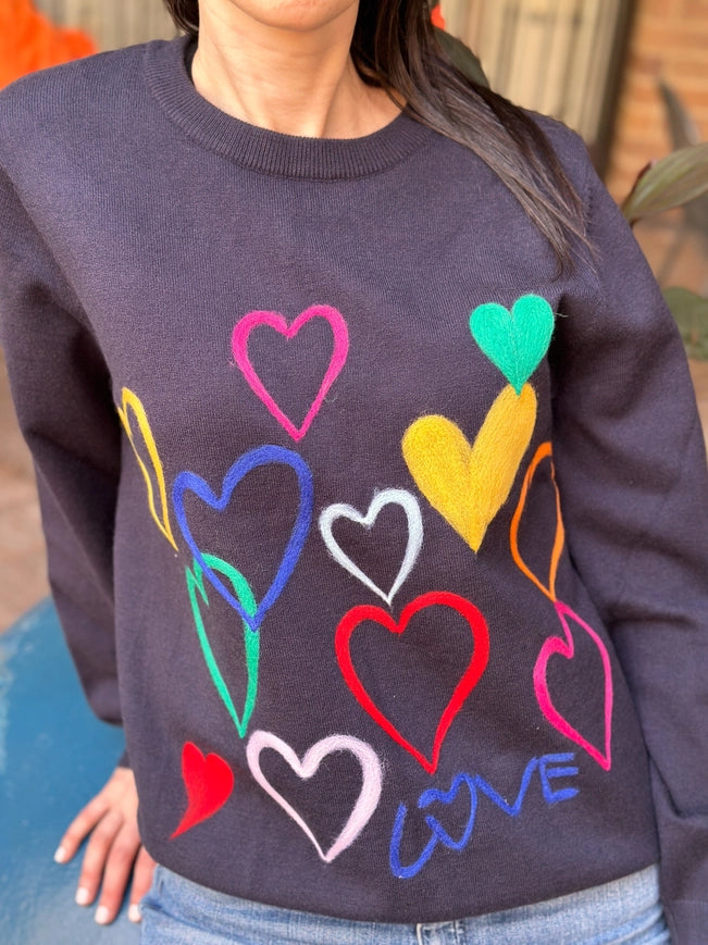 Embroidered Multi Colored Hearts Navy Sweater-Sweater-Moving Forward Designs-S-Urbanheer