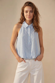Embroidered Polka Dot Blouse with Buttons - Light Blue