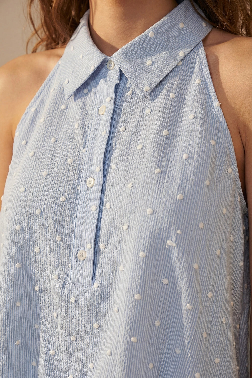 Embroidered Polka Dot Blouse with Buttons - Light Blue