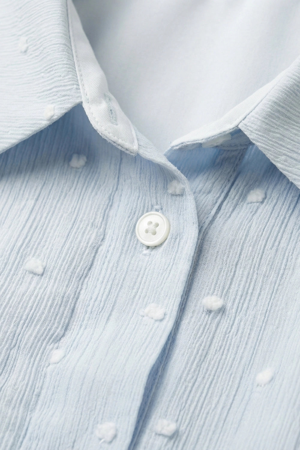 Embroidered Polka Dot Blouse with Buttons - Light Blue