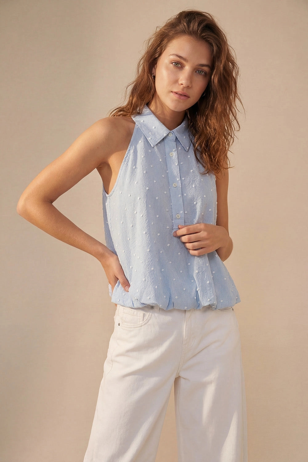 Embroidered Polka Dot Blouse with Buttons - Light Blue