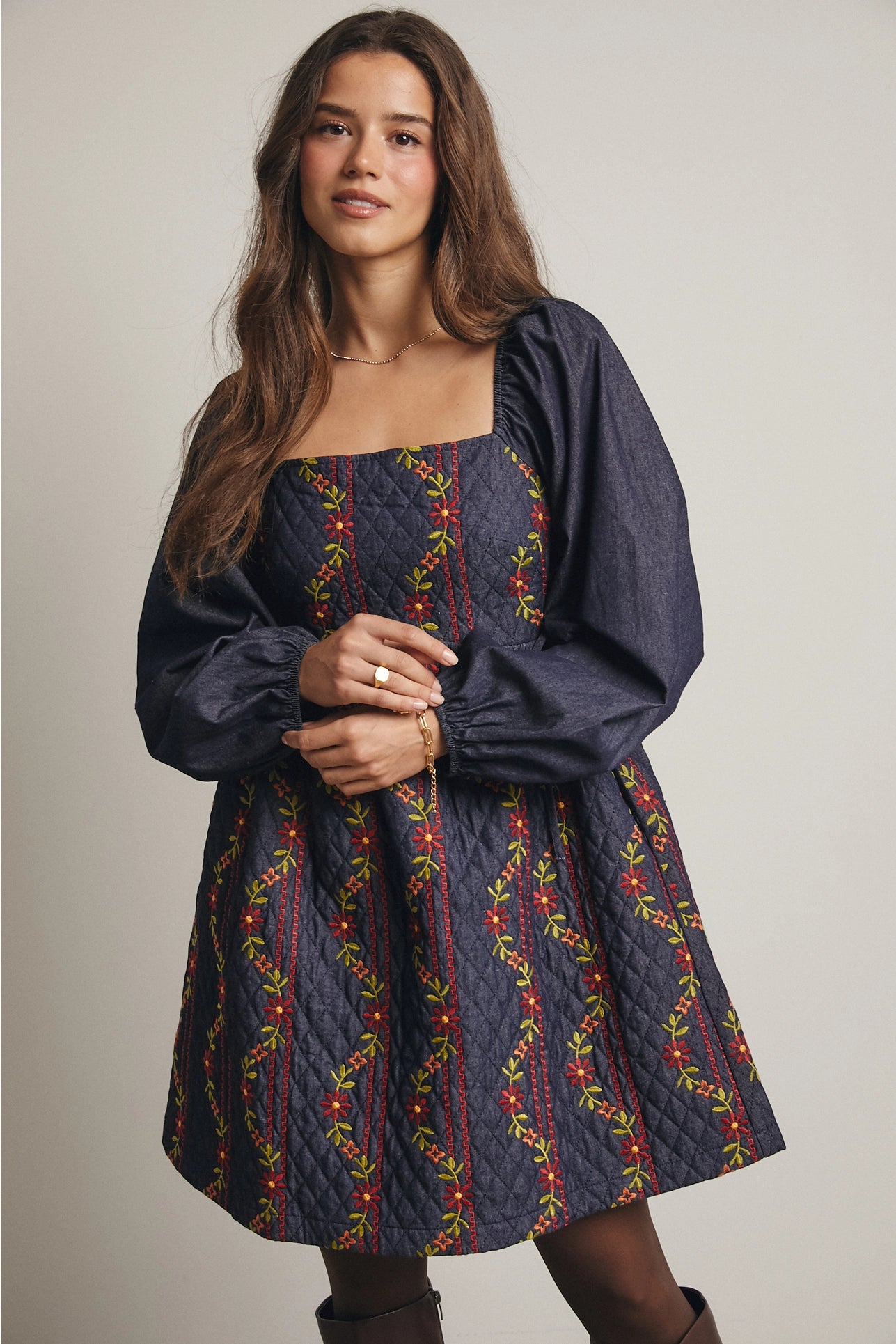 Embroidered Quilted Mini Dress