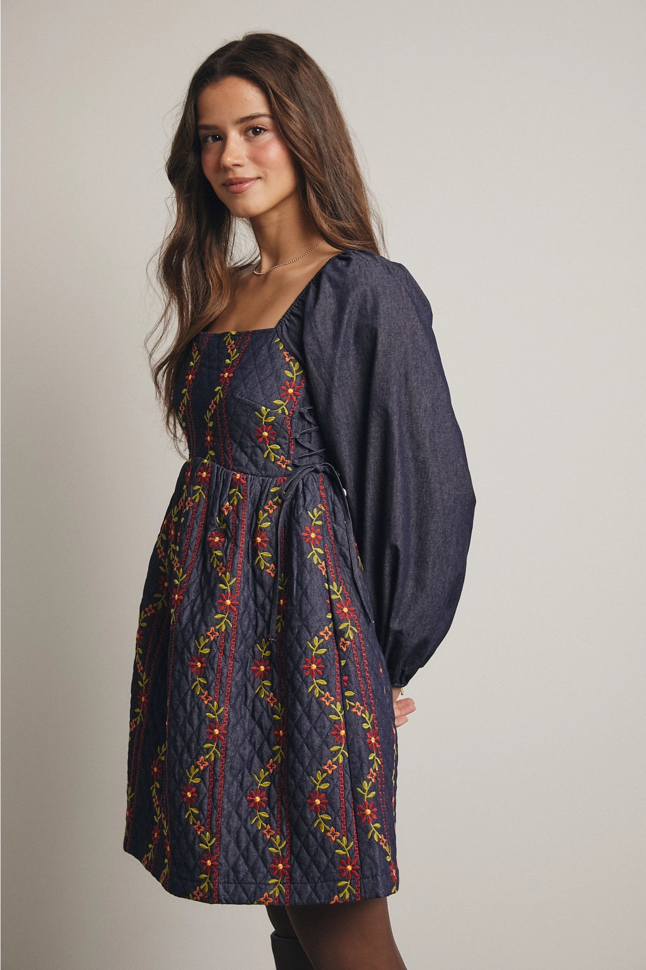 Embroidered Quilted Mini Dress