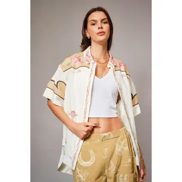 Embroidered Sequin Floral Linen Blouse