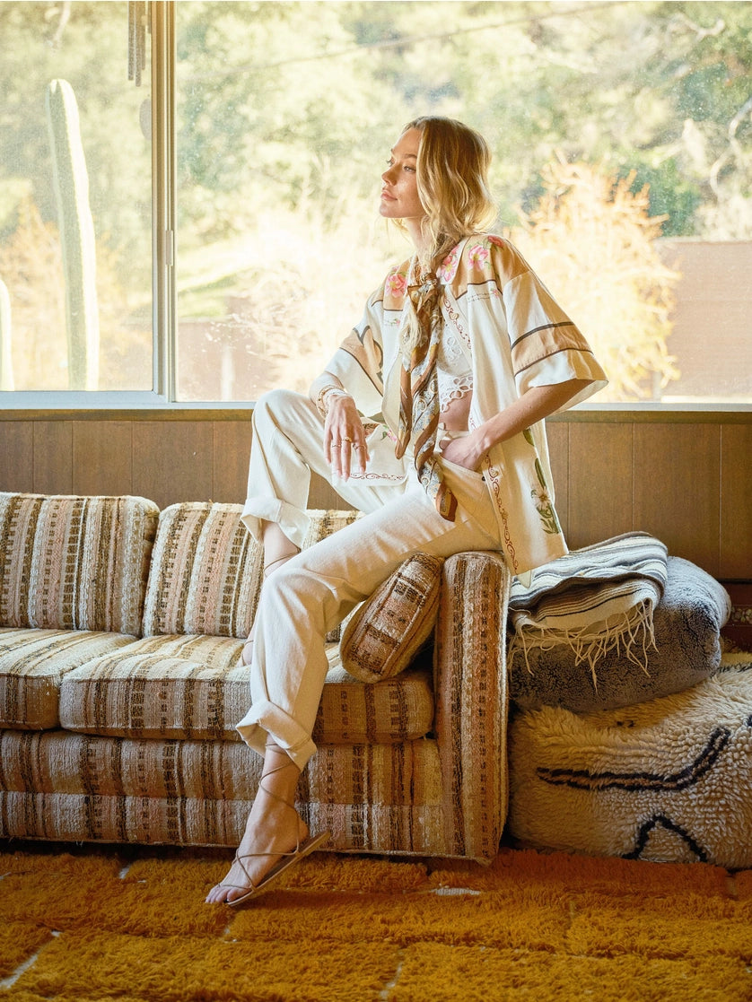 Embroidered Sequin Floral Linen Blouse