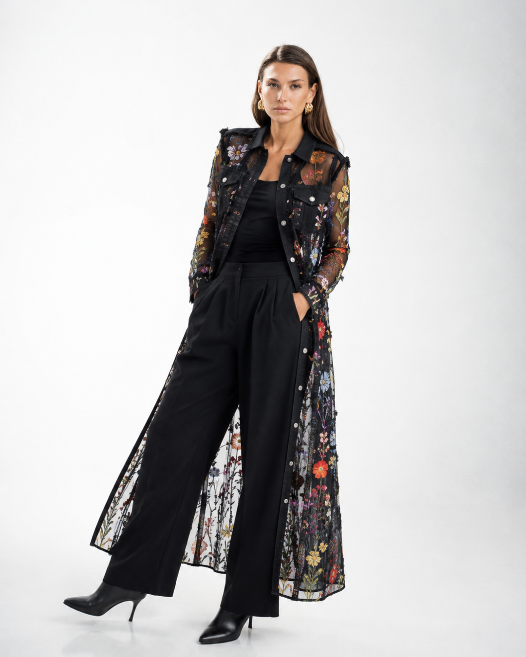 Embroidered Sheer Mesh Denim Duster
