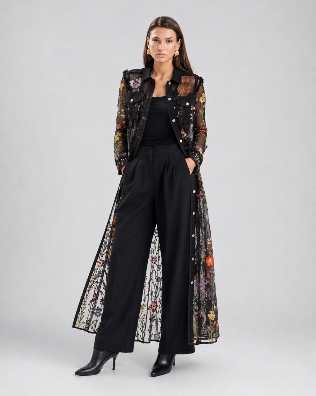 Embroidered Sheer Mesh Denim Duster