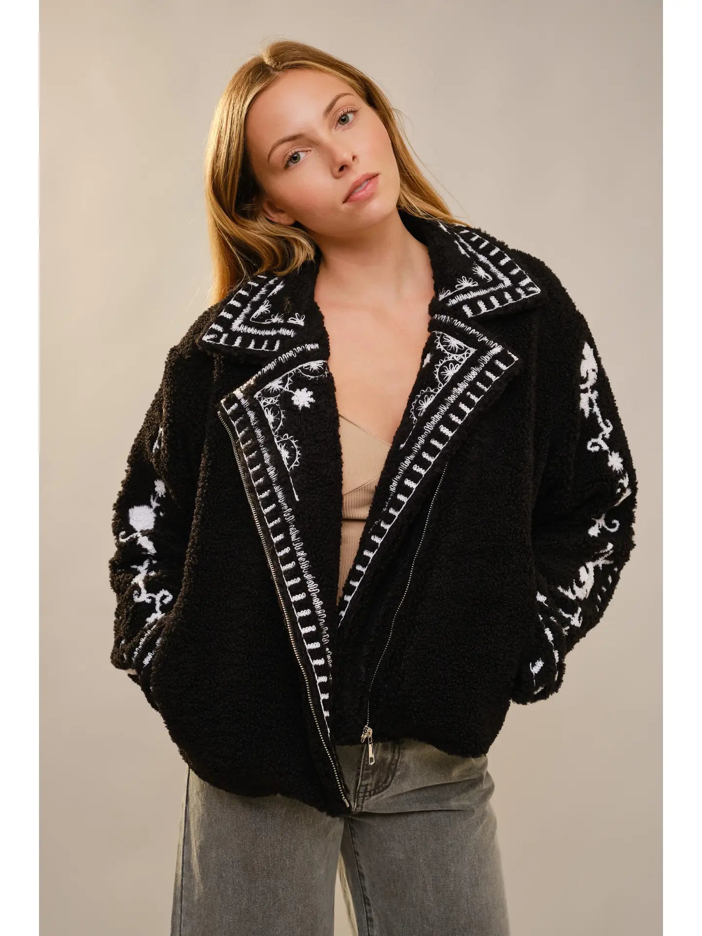 Embroidered Sherpa Rider Jacket