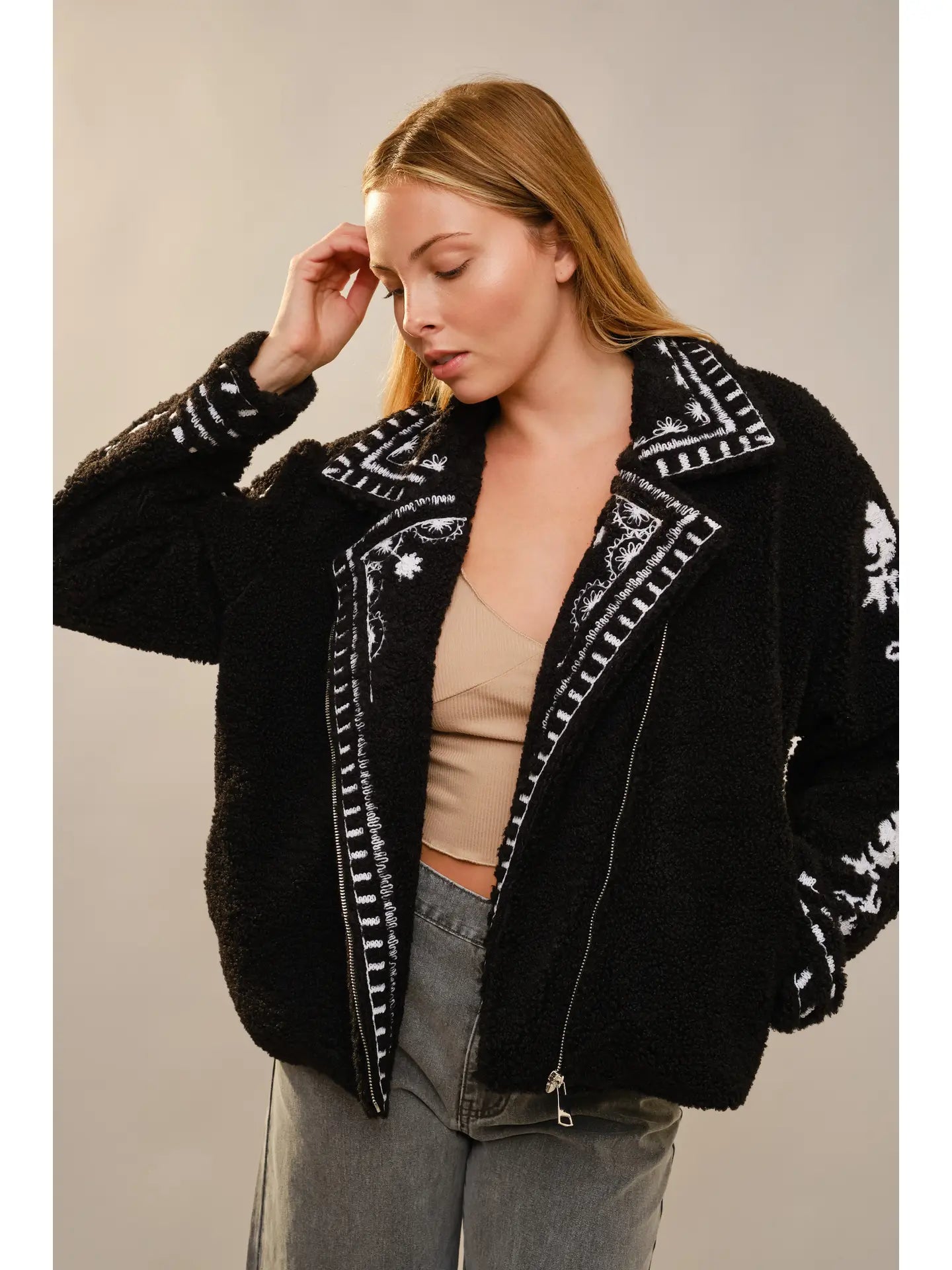 Embroidered Sherpa Rider Jacket