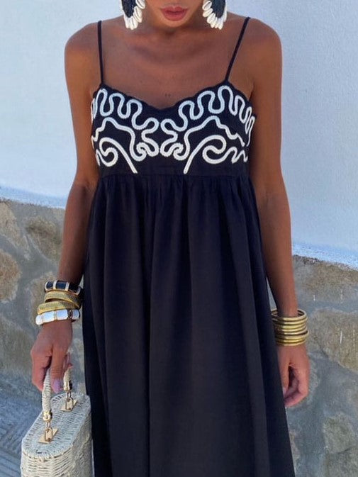 Embroidered Shirred Spaghetti Strap Long Dress-Dress-Rosa Clothing-S-black-Urbanheer