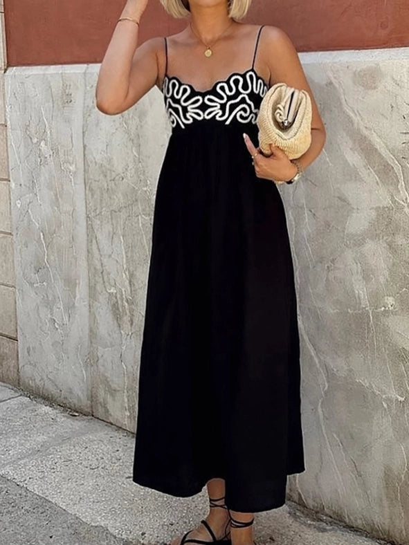 Embroidered Shirred Spaghetti Strap Long Dress-Dress-Rosa Clothing-S-black-Urbanheer