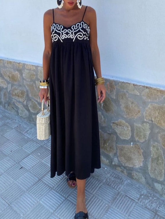 Embroidered Shirred Spaghetti Strap Long Dress-Dress-Rosa Clothing-S-black-Urbanheer