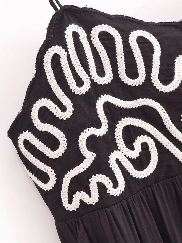 Embroidered Shirred Spaghetti Strap Long Dress-Dress-Rosa Clothing-S-black-Urbanheer