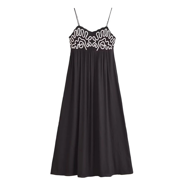 Embroidered Shirred Spaghetti Strap Long Dress-Dress-Rosa Clothing-S-black-Urbanheer