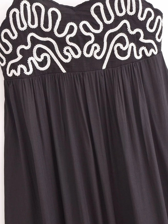 Embroidered Shirred Spaghetti Strap Long Dress-Dress-Rosa Clothing-S-black-Urbanheer