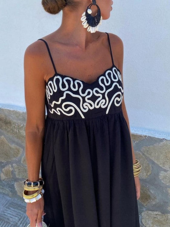 Embroidered Shirred Spaghetti Strap Long Dress-Dress-Rosa Clothing-S-black-Urbanheer