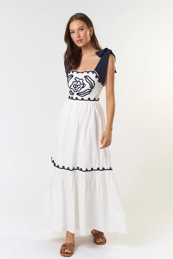 Embroidered Shoulder Bow Tie Maxi Dress from Lalavon exclusive at –  Urbanheer