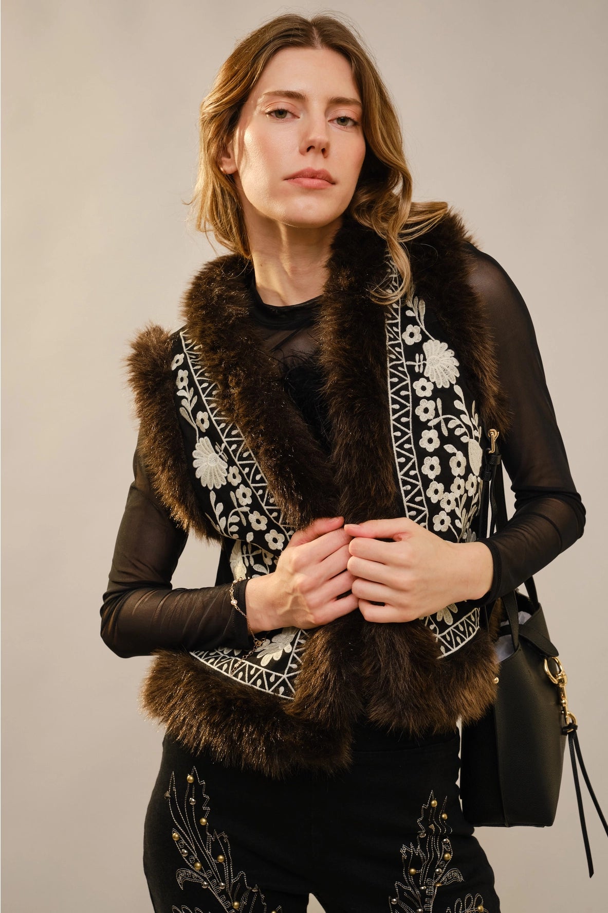 Embroidered Suede Vest with Fur Trim