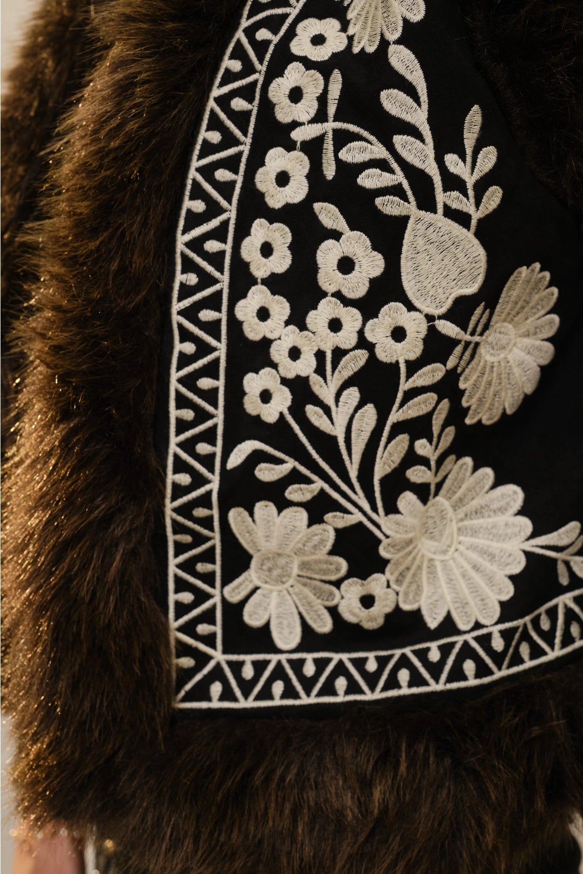 Embroidered Suede Vest with Fur Trim