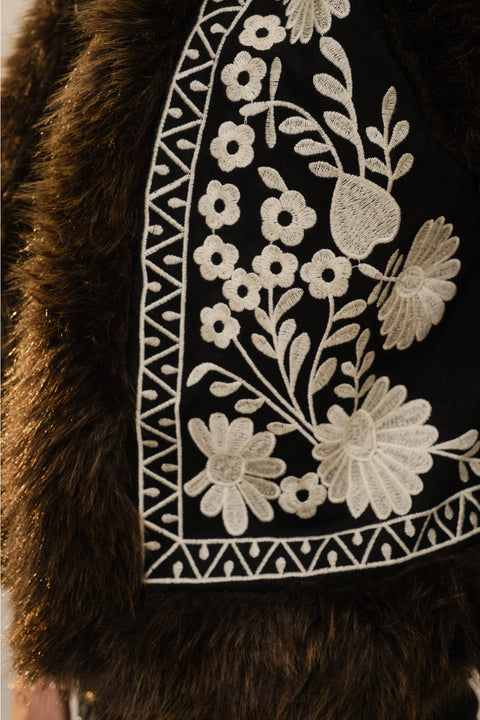 Embroidered Suede Vest with Fur Trim