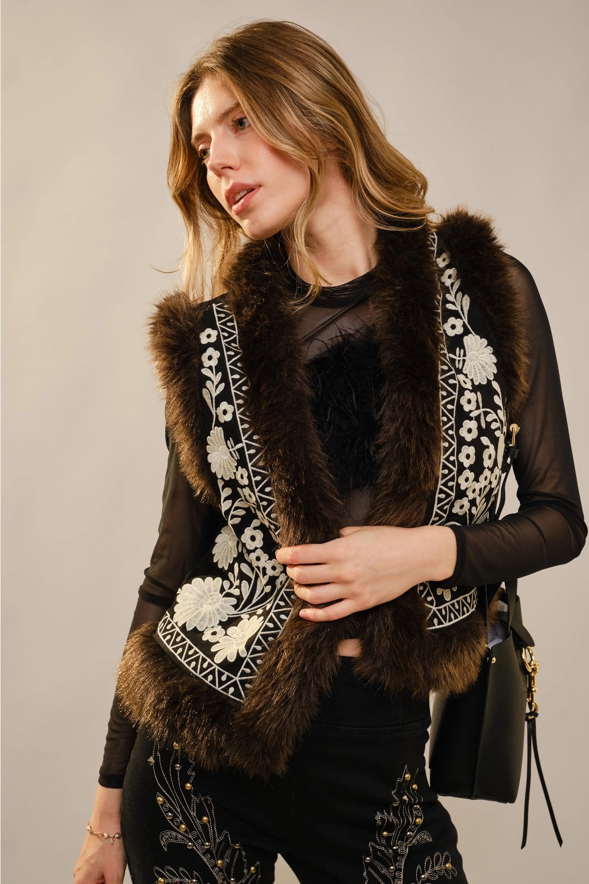 Embroidered Suede Vest with Fur Trim