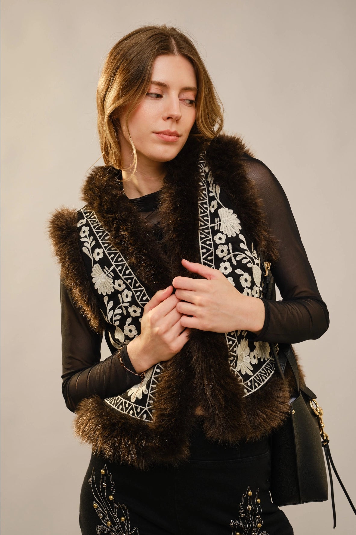 Embroidered Suede Vest with Fur Trim