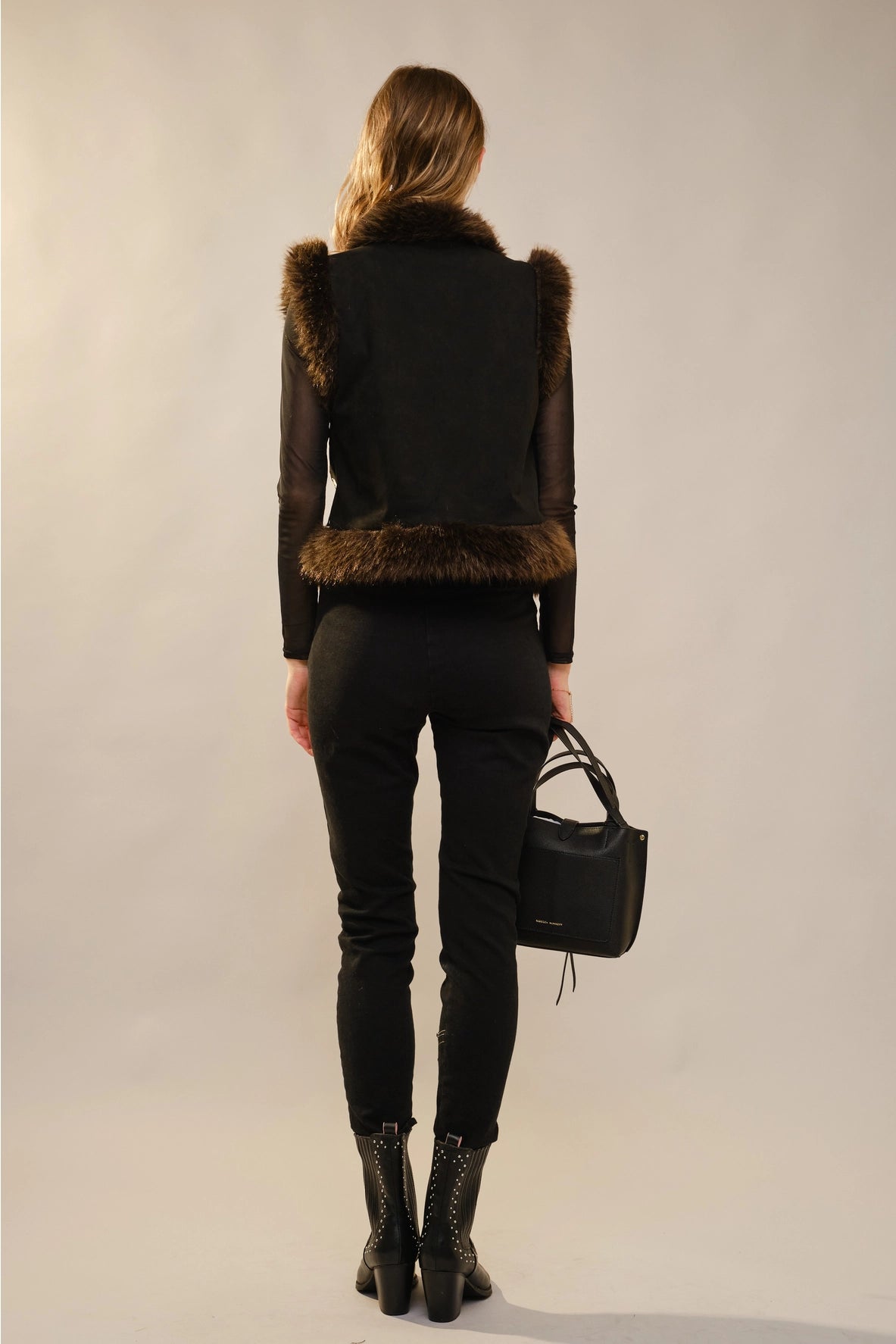 Embroidered Suede Vest with Fur Trim