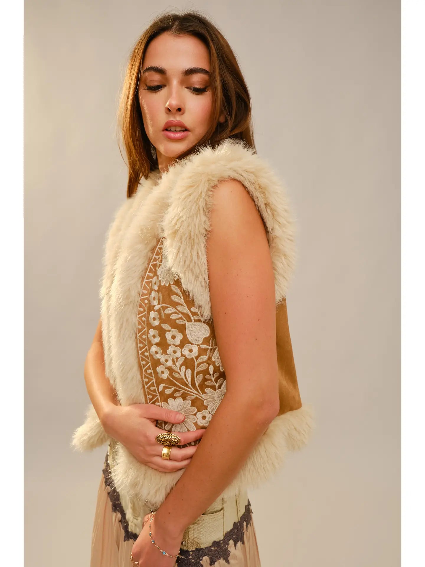 Embroidered Suede Vest with Fur Trim