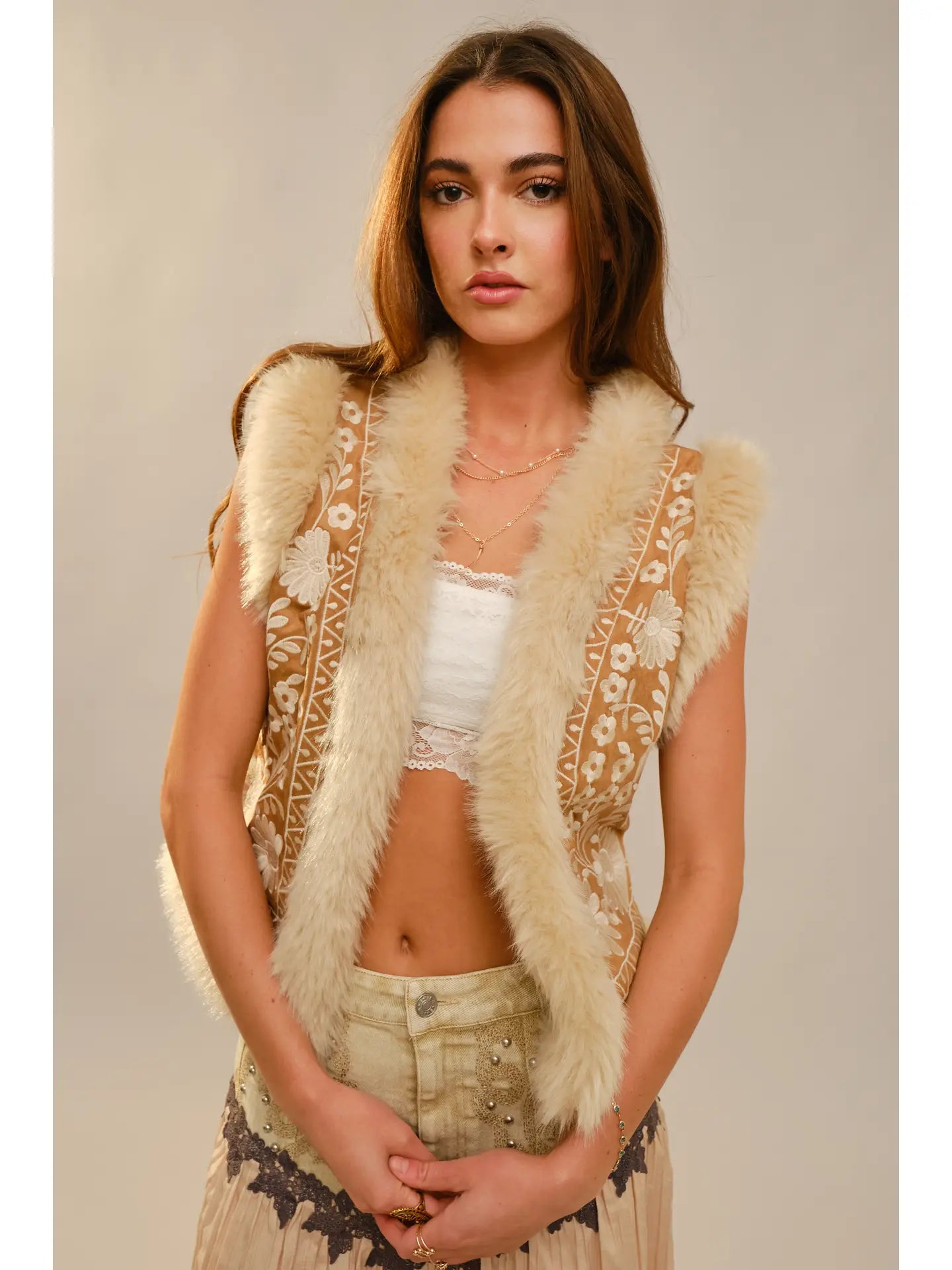 Embroidered Suede Vest with Fur Trim