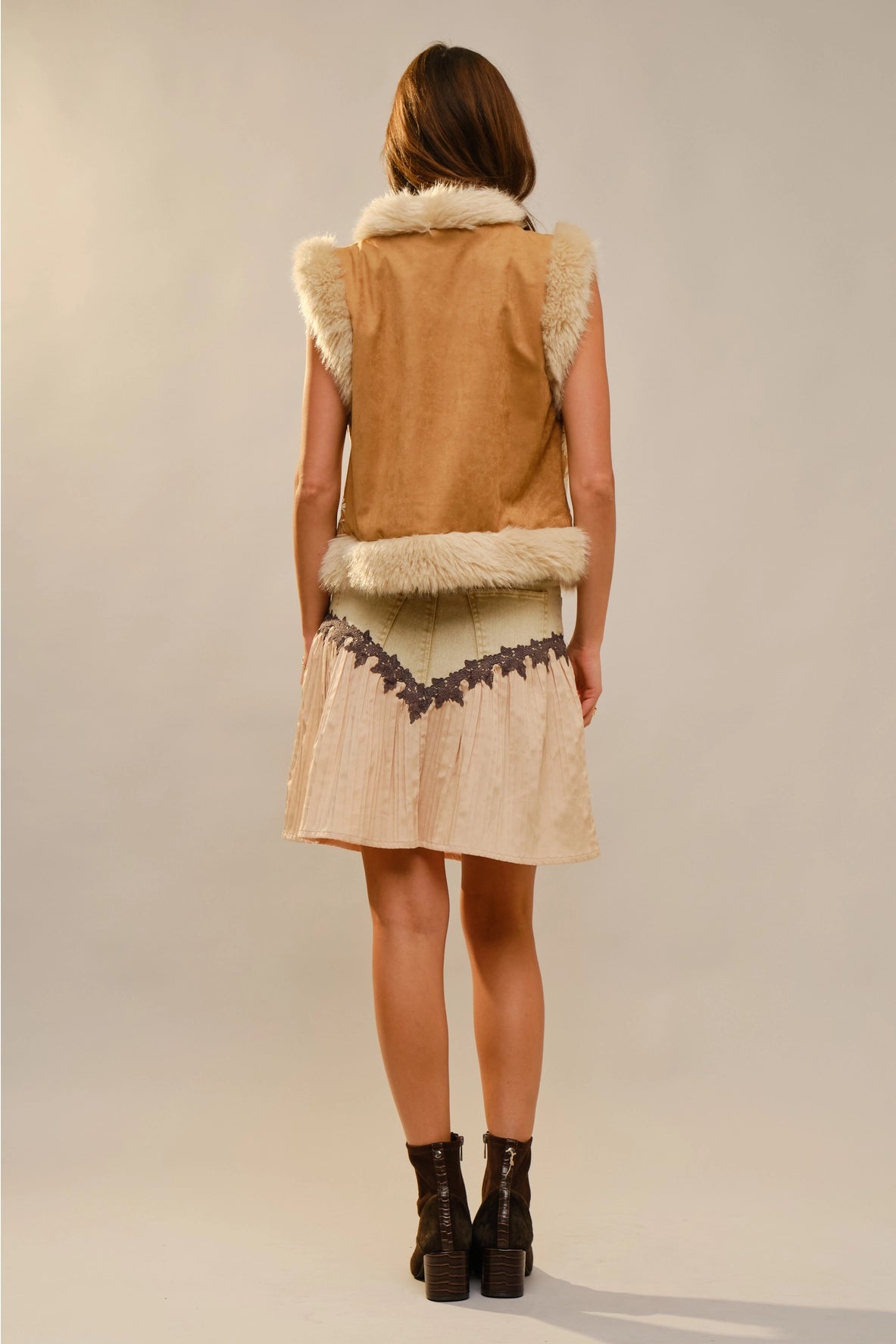 Embroidered Suede Vest with Fur Trim