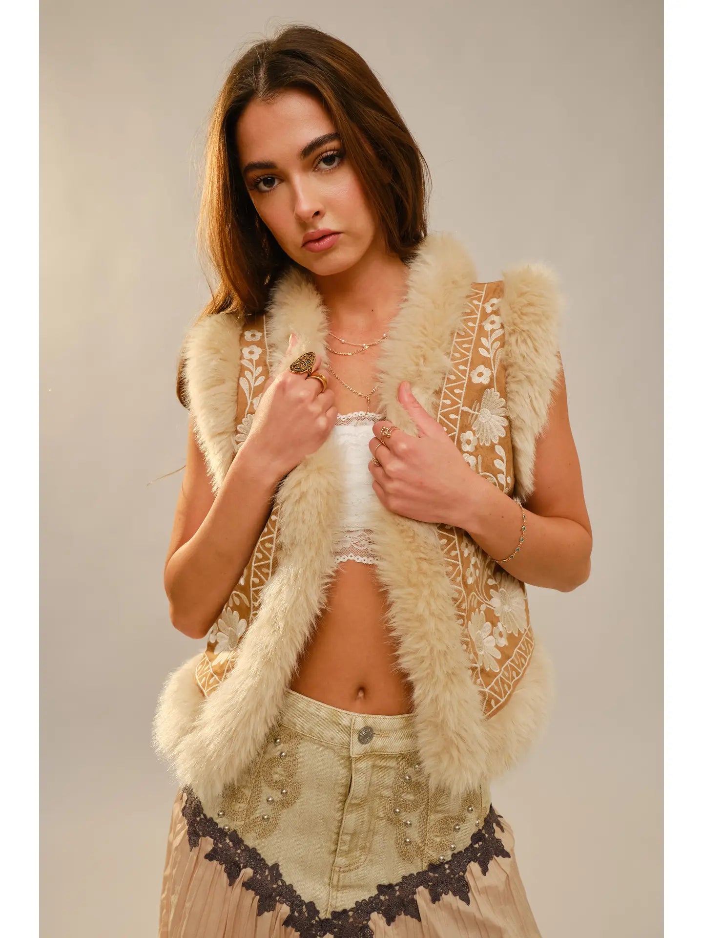 Embroidered Suede Vest with Fur Trim