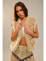 Embroidered Suede Vest with Fur Trim