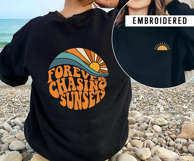 Embroidered Sunset Crewneck Sweatshirt, Spring Sweaters-Sweatshirt-P E T I T R U E-Urbanheer