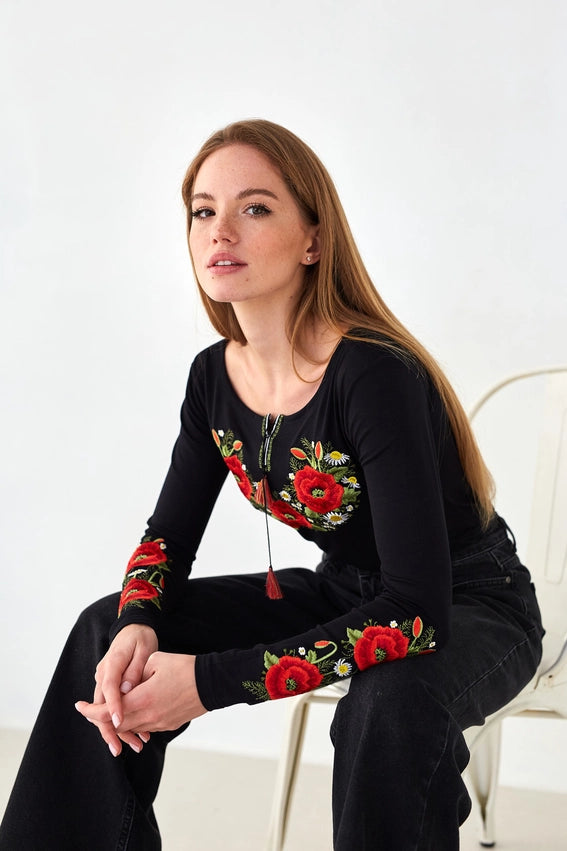 Embroidered T-Shirt Long Sleeve Crimson Poppies Black-T-Shirt-Handmade Originals Ukraine-S-Urbanheer