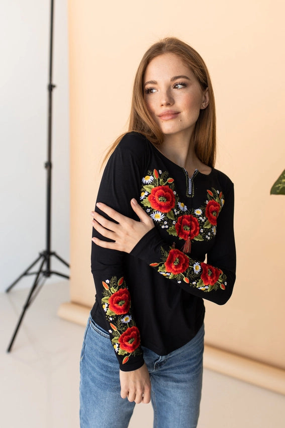 Embroidered T-Shirt Long Sleeve Crimson Poppies Black-T-Shirt-Handmade Originals Ukraine-S-Urbanheer