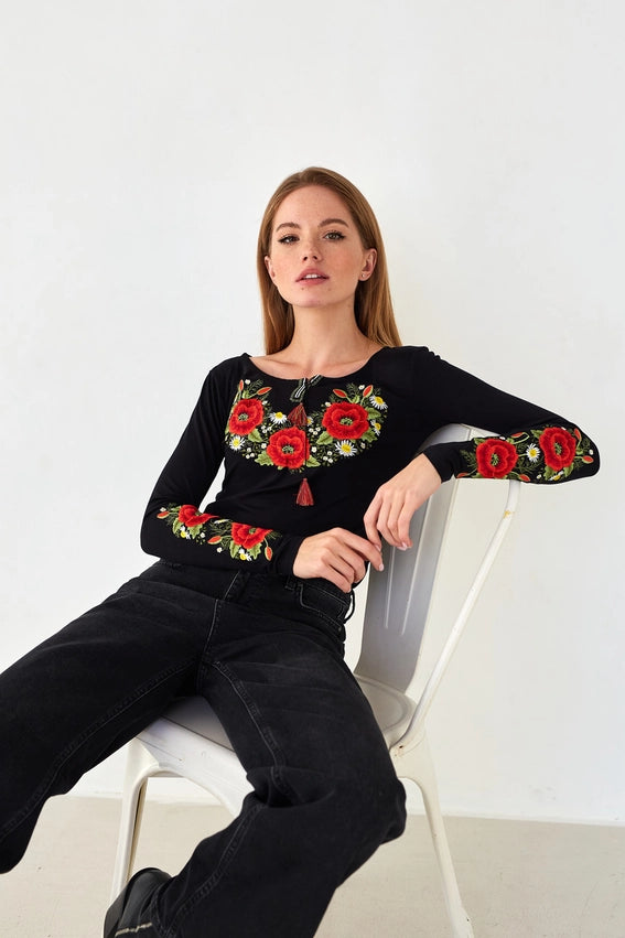 Embroidered T-Shirt Long Sleeve Crimson Poppies Black-T-Shirt-Handmade Originals Ukraine-S-Urbanheer