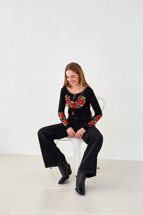 Embroidered T-Shirt Long Sleeve Crimson Poppies Black-T-Shirt-Handmade Originals Ukraine-S-Urbanheer