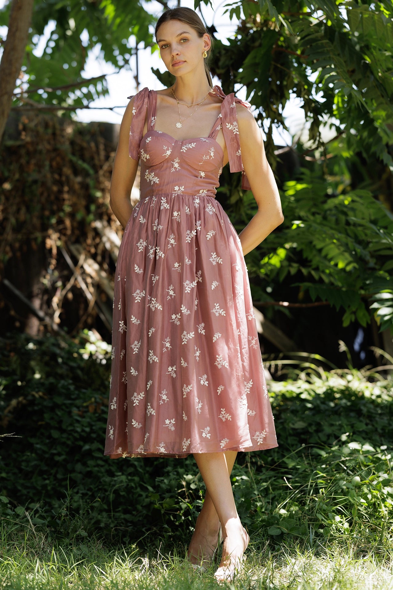 Embroidered Tie-Shoulder Midi Dress