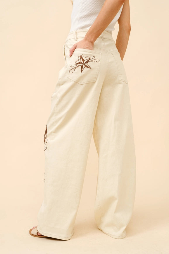 Embroidered Twill Mid Rise Loose Jeans-Jeans-Blue B-S-BEIGE BROWN-Urbanheer