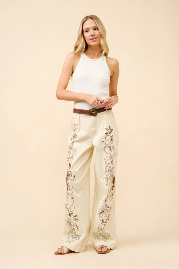 Embroidered Twill Mid Rise Loose Jeans-Jeans-Blue B-S-BEIGE BROWN-Urbanheer