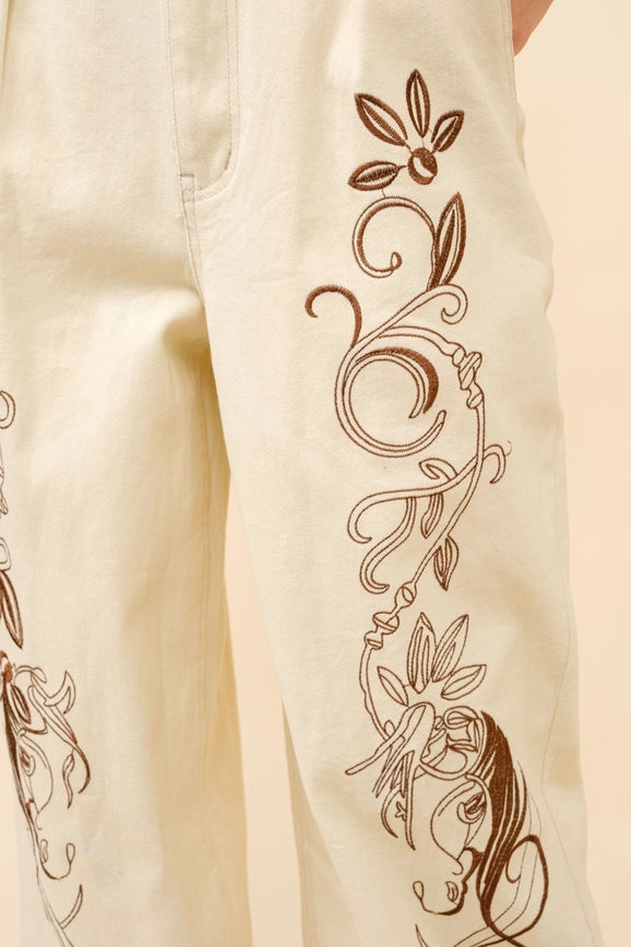 Embroidered Twill Mid Rise Loose Jeans-Jeans-Blue B-S-BEIGE BROWN-Urbanheer