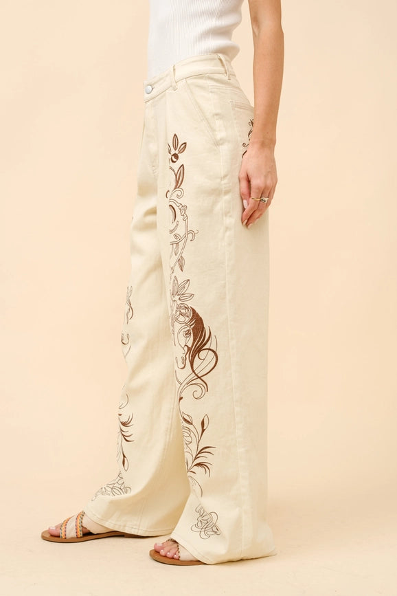 Embroidered Twill Mid Rise Loose Jeans-Jeans-Blue B-S-BEIGE BROWN-Urbanheer