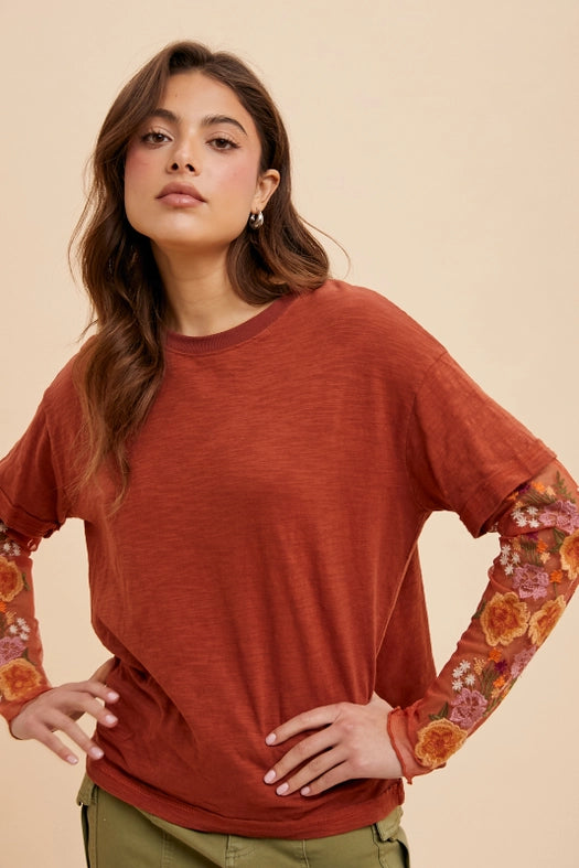 Embroidered Twofer Sleeve Top-Top-In Loom-S-COGNAC-Urbanheer