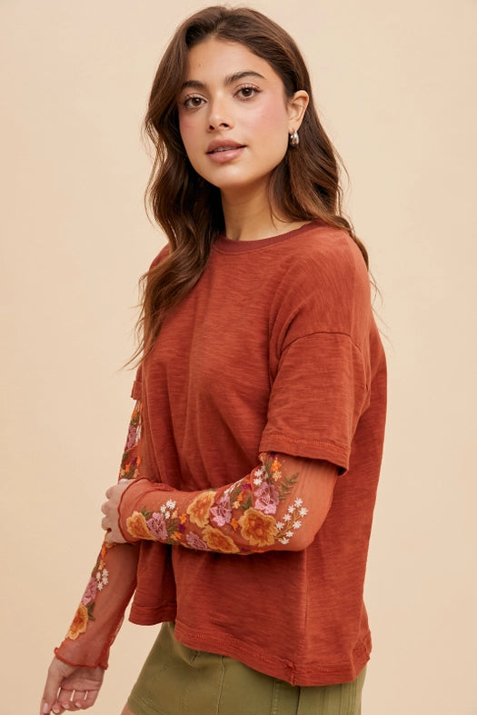 Embroidered Twofer Sleeve Top-Top-In Loom-S-COGNAC-Urbanheer
