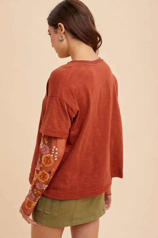 Embroidered Twofer Sleeve Top-Top-In Loom-S-COGNAC-Urbanheer