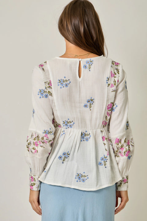 Embroidery Mixed Print Blouse