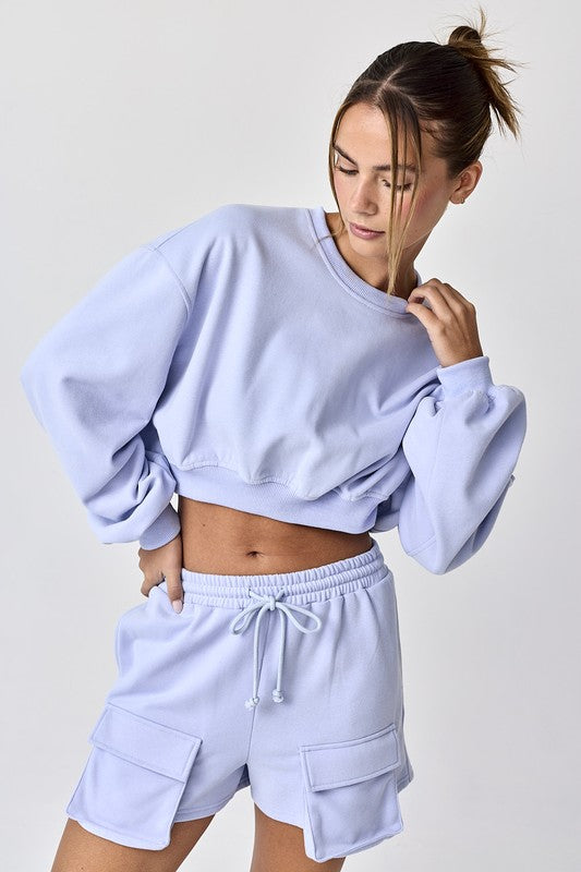 Emilia Cropped Balloon Sweatshirt and Shorts Light Blue-Set-Papermoon-Urbanheer