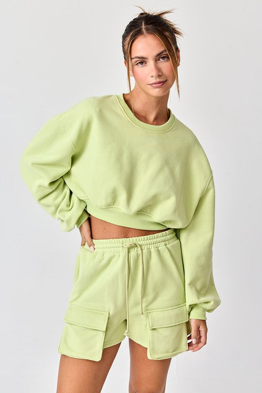 Emilia Cropped Balloon Sweatshirt and Shorts Lime-Set-Papermoon-Urbanheer