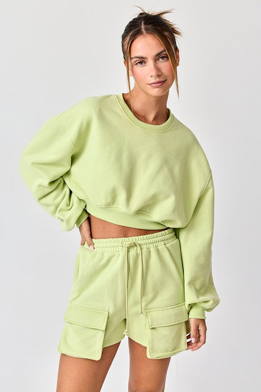 Emilia Cropped Balloon Sweatshirt And Shorts Lime-Set-Papermoon-S-Urbanheer