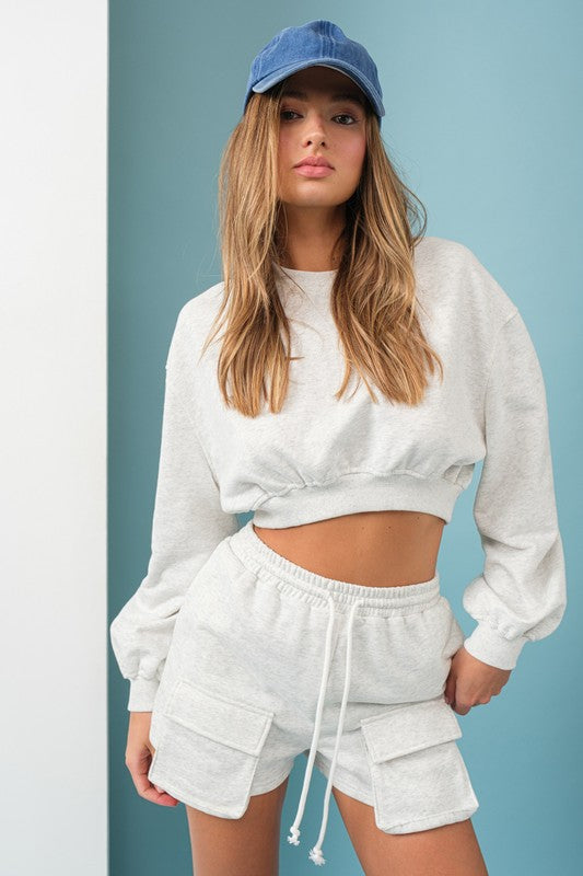 Emilia Cropped Balloon Sweatshirt and Shorts with Pockets White Melange-Set-Papermoon-S-White Melange-Urbanheer